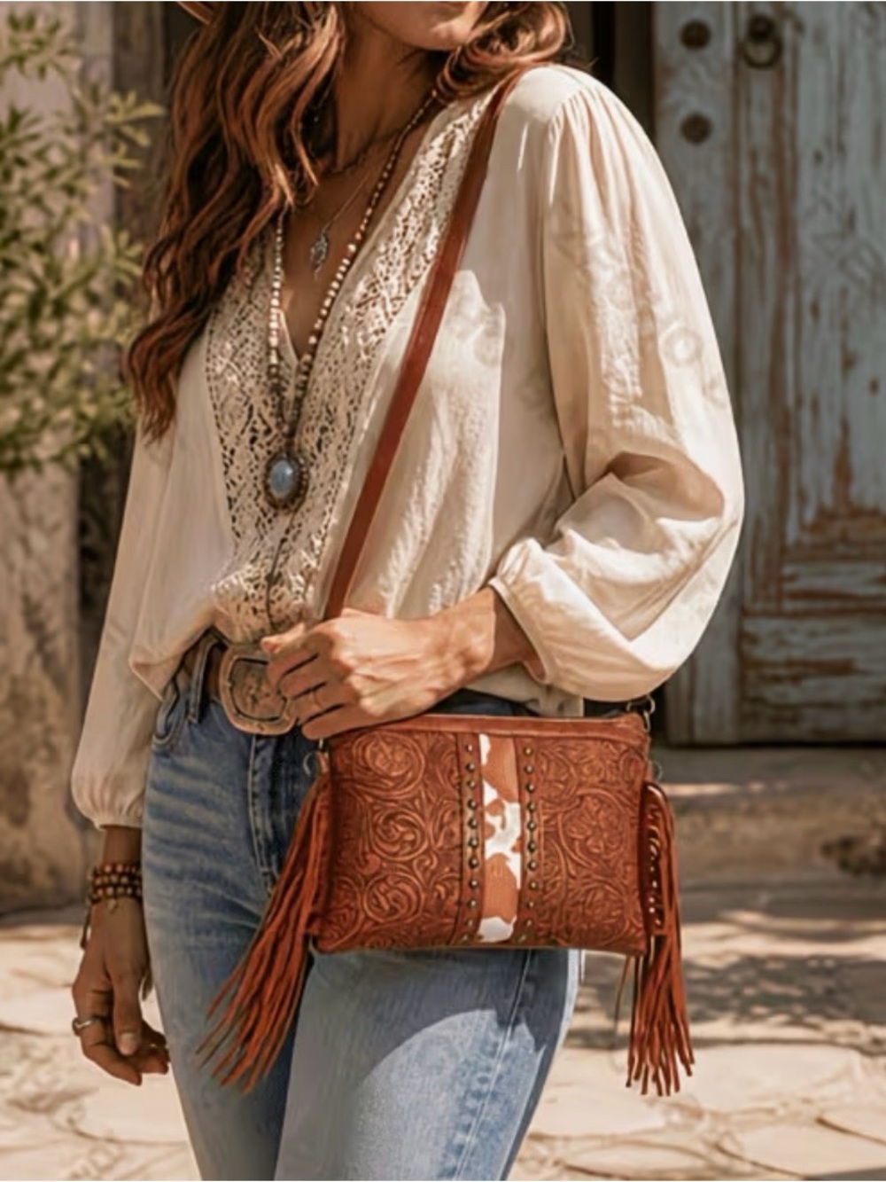 Caramel Brown Women'S Crossbody Bag Featuring Bohemian Western Carving